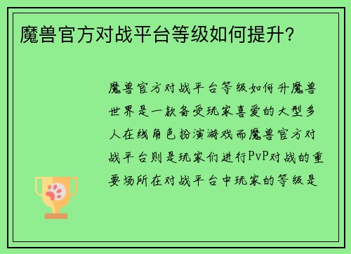 魔兽官方对战平台等级如何提升？